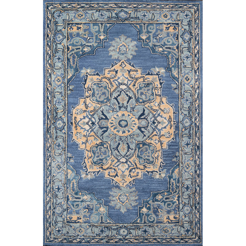 World Menagerie Lancaster Oriental Handmade Tufted Wool Denim Area Rug